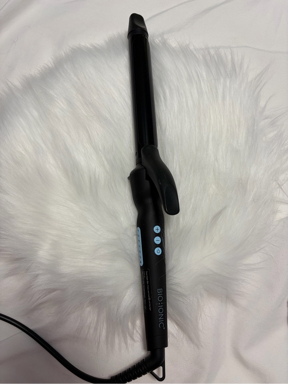 Bio Ionic Black Curling Wand with Light Blue Controls 1” long barrel